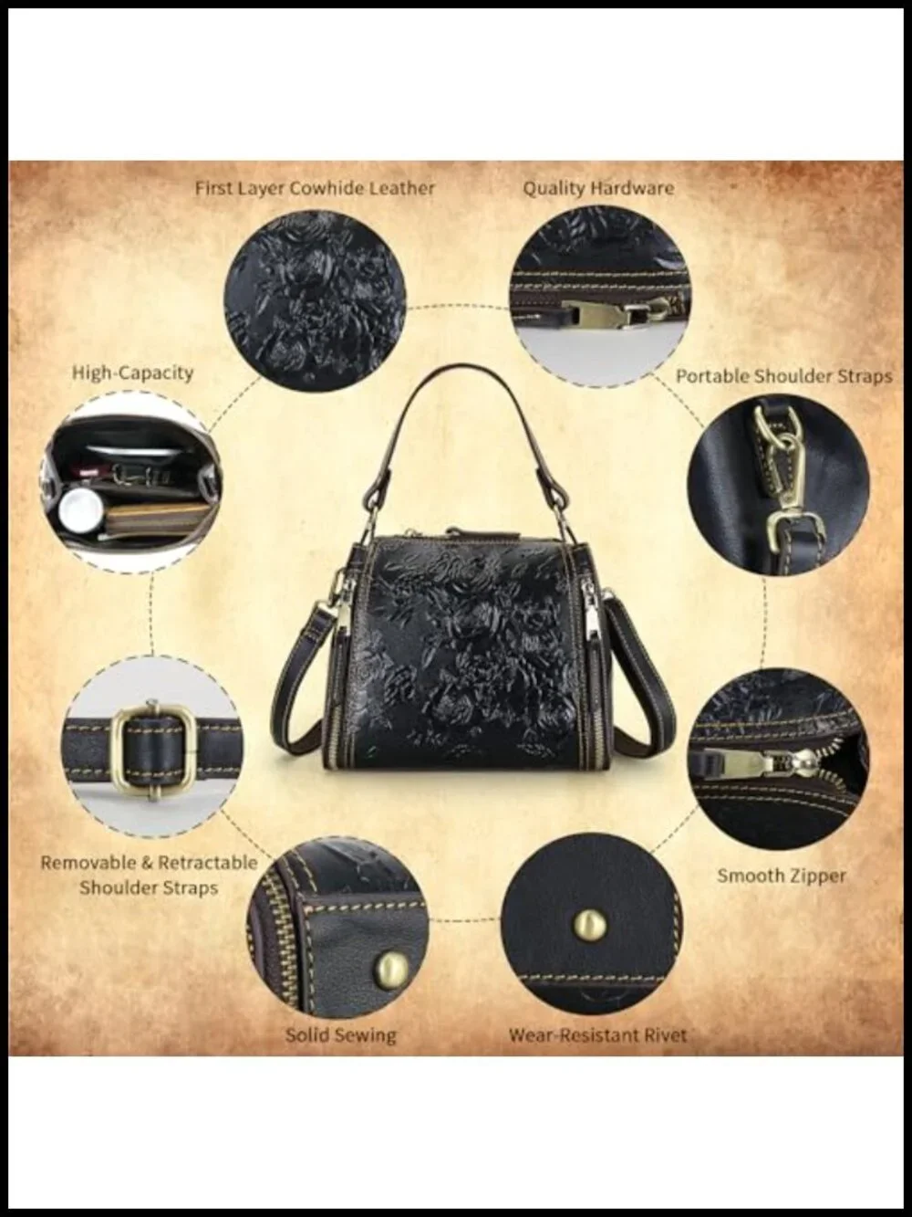 Vintage Embossed Leather Crossbody Satchel Tote - Adjustable Strap